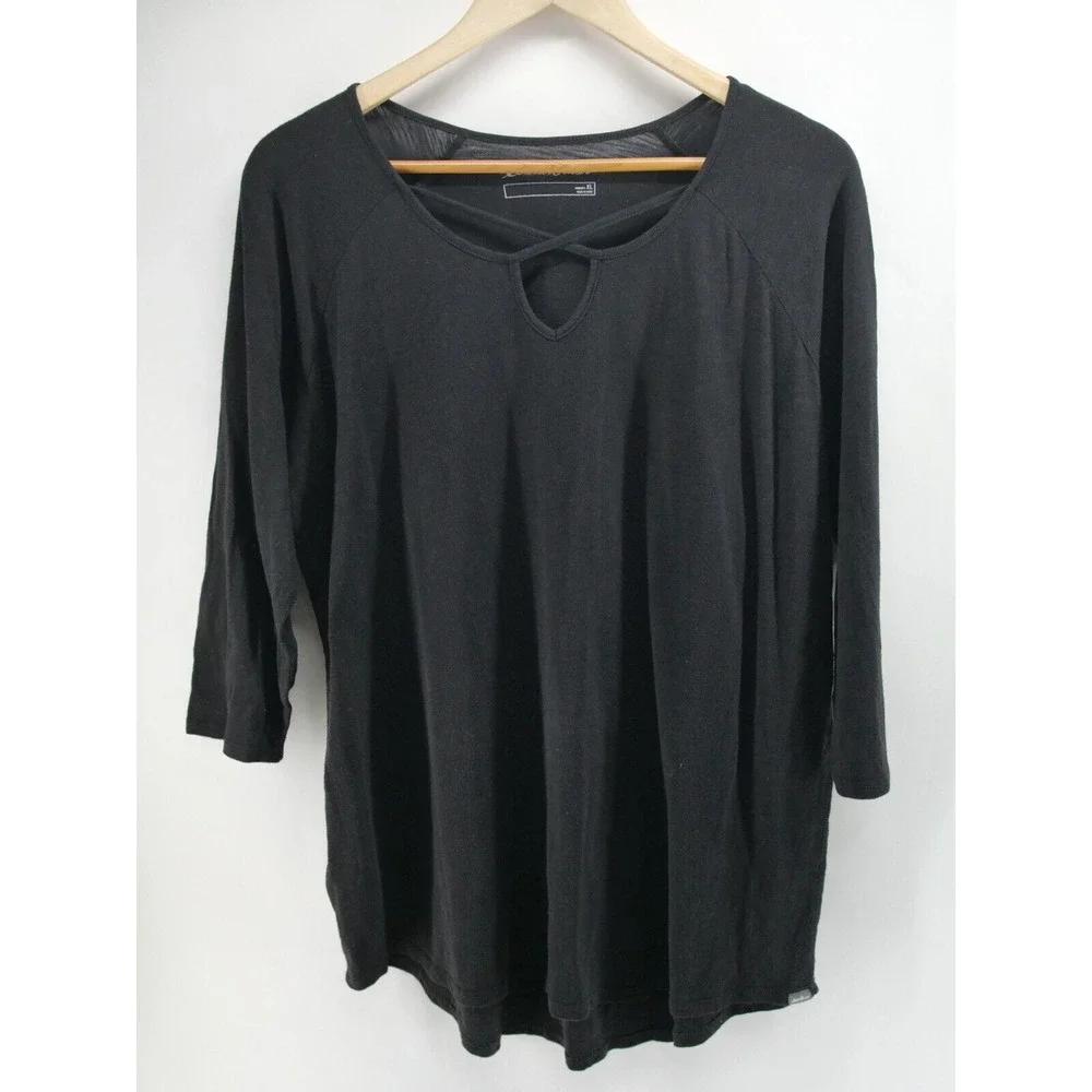 2 Eddie Bauer Modal Tunic Top Crisscross Front 3/4 Sleeve Cotton Black Blue XL - Picture 2 of 13
